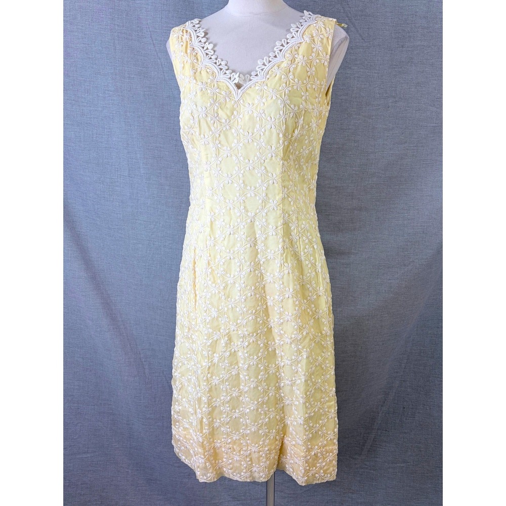 Vintage 1960s Handmade Yellow Lace Overlay Sheath Dress Daisy Trim S - Picture 1 of 11